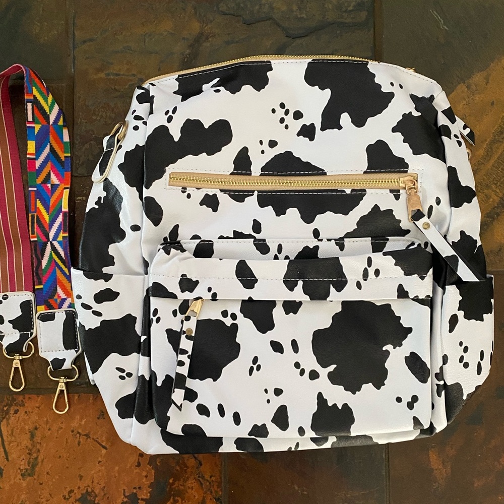 Cow Print Faux Leather Backpack with Colorful Strap
